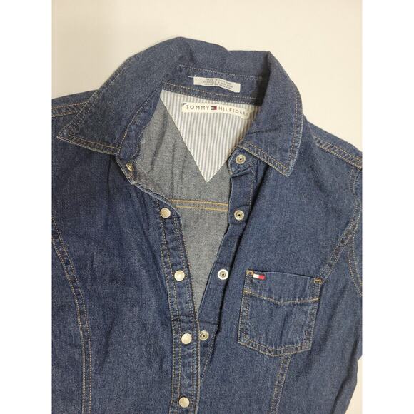 Tommy Hilfiger Women Petite Small 4 Dress Blue Jean Pocket Silver Button Up - Picture 3 of 12